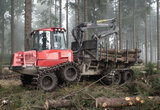 Linkziel: Link zum Beitrag mit dem Thema Waldbesitzende warten auf länger anhaltende Frosttage; Bildinhalt: Moderne Holzrückemaschine mit Moorbändern im Wald beim Verladen von frisch geschnittenen Stämmen