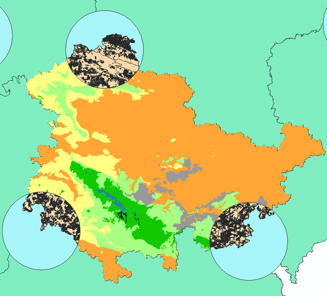 Eine vereinfachte Karte von Thüringen mit farblichen Abstufungen zur Darstellung zukünftiger Klimaprognosen der verschiedenen Landesteile.