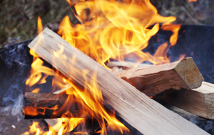 Brennende Holzscheite in Feuerschale