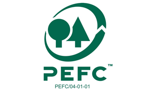 grünes Logo des PEFC mit stilisiertem Laub- und Nadelholzbaum