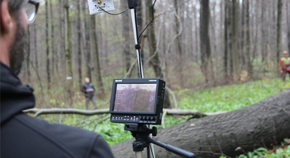 Ein Forscher im Wald mit einem Display, durch den er die Aufnahmen einer Flugdrohne verfolgt