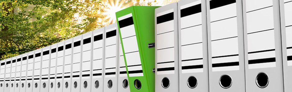 Eine Reihe grauer Dokumentenordner, aus denen eine Grüne Mappe hervorsticht und leuchtet. Im Hintergrund: Grüner Laubwald