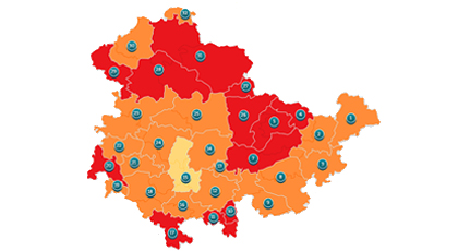 Karte von Thüringen mit unterschiedlich eingefärbten Regionen, um die Waldbrandgefahrenstufe darzustellen.