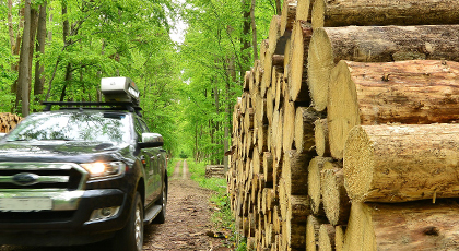 Fahrzeug zur Holzvermessung mit sScale-Anlage auf dem Dach vor einem Holzpolter