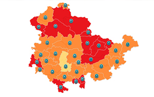 Grafische Thüringen-Karte mit Waldbrandstufen in den Farben Gelb, Orange und Rot