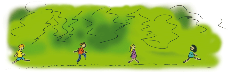 Illustration: vier Kinder toben ausgelassen über einen Waldweg