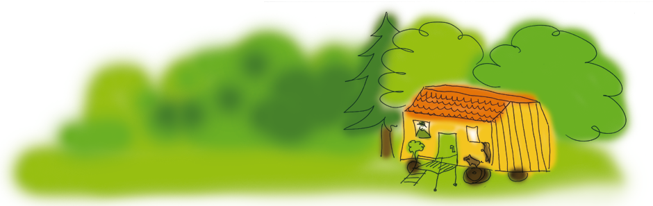 Illustration eines kleinen Bauwagens im Wald. Ein Förster schaut aus  dem Fenster des Bauwagens.