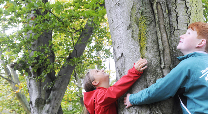 Ein Mädchen und ein Junge umarmen einen Baumstamm