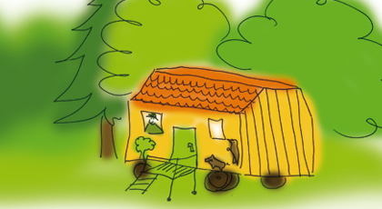 Illustration: Förster sitzt in einem Bauwagen aus Holz im Wald und schaut aus dem Fenster.