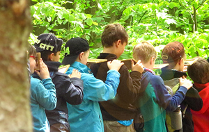 Kinder halten einen Spiegel unter die nase und laufen hintereinder durch den Wald, um die Baumkronen im Spiegel zu betrachten. Der Wald ist grün. Es ist ein laubwald.