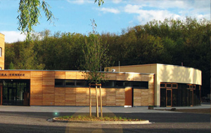 Moderner Flachbau mit Holzfassade und einem Baum davor (2. Bildteil)