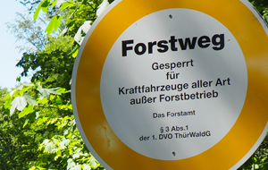 Vollsperrungsschild Forstweg mit Hinweisen zur Sperrung für das Befahren mit KFZ außer Forstfahrzeugen