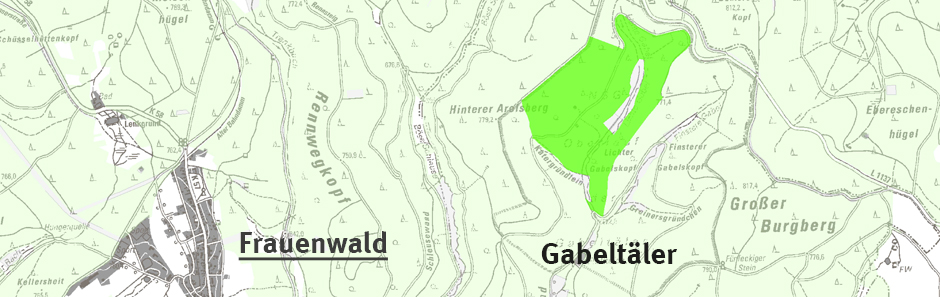 Markierung des Gebietes der Gabeltäler auf einer Karte; östlich gelegen vom Ort Frauenwald