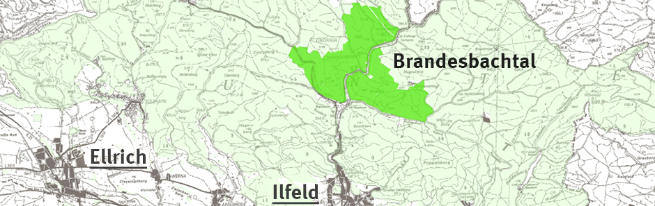 Übersichtskarte Gebiet Brandesbachtal, nordöstlich der Ortschaften Ilfeld und Ellrich gelegen